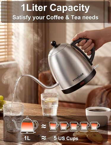 Stariver Gooseneck Electric Kettle, 1L Stainless Steel Pour Over Tea Pot | Fast Heating, Auto Shut-Off, Boil-Dry Protection, BPA-Free, for Pour Over Coffee, Tea, Drip Brew, Home or Office in Saudi Arabia