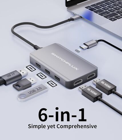 Laptop Docking Station Dual Monitor,USB C to Dual HDMI Adapter | 6 in 1 USB C Hub with 4K60Hz HDMI,3USB Port,100WPD Charging Ports,Compatible for MacBook Air/Pro,iPad Pro,Dell XPS in Kuwait