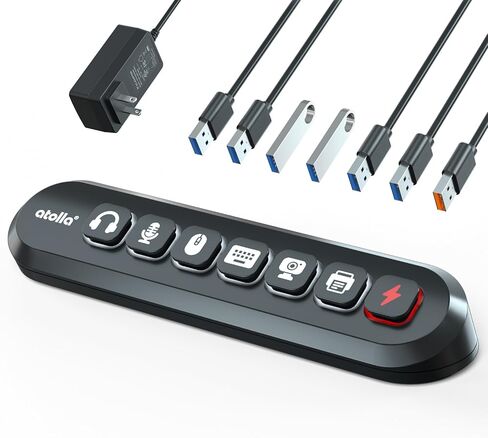 موزع USB يعمل بالطاقة، محور أتولا 7 منافذ USB 3.0 (6 منافذ نقل فائقة السرعة + 1 منفذ شحن سريع) مع مفتاح أيقونة مضيء قابل للتبديل ومحول طاقة 12 فولت/3 أمبير لنظام التشغيل Windows وMacOS وChromeOS وLinux in Kuwait