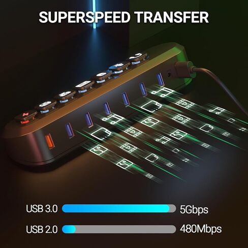 موزع USB يعمل بالطاقة، محور أتولا 7 منافذ USB 3.0 (6 منافذ نقل فائقة السرعة + 1 منفذ شحن سريع) مع مفتاح أيقونة مضيء قابل للتبديل ومحول طاقة 12 فولت/3 أمبير لنظام التشغيل Windows وMacOS وChromeOS وLinux in Kuwait