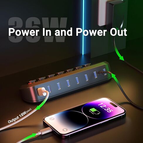 موزع USB يعمل بالطاقة، محور أتولا 7 منافذ USB 3.0 (6 منافذ نقل فائقة السرعة + 1 منفذ شحن سريع) مع مفتاح أيقونة مضيء قابل للتبديل ومحول طاقة 12 فولت/3 أمبير لنظام التشغيل Windows وMacOS وChromeOS وLinux in Kuwait