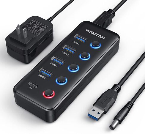 Powered USB 3.0 Hub, Wenter 5-Port USB Hub Splitter (4 Faster Data Transfer Ports+ 1 Type-C Charging Ports) with Individual LED On/Off Switches, USB Hub 3.0 Powered with Power Adapter for Mac, PC in Saudi Arabia