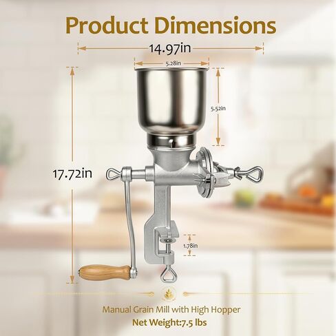 7.5 lb Cast Iron Manual Grain Mill with High Hopper For Domestic Use | Cast Iron Corn Hand Manual Grinder, Wheat Grinder For Corn, Rice, Soybeans, Pepper, Spice, Chickpeas, Coffee, 5Y Warranty in Saudi Arabia