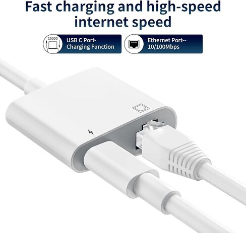 MFi Certified 2 in 1 USB C to RJ45 Ethernet LAN Network Adapter with 60W USB Type C Charge Port Compatible with iPhone 16/15 Tablet/Laptop and USB C Devices,Supports 10/100Mbps in Saudi Arabia