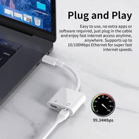MFi Certified 2 in 1 USB C to RJ45 Ethernet LAN Network Adapter with 60W USB Type C Charge Port Compatible with iPhone 16/15 Tablet/Laptop and USB C Devices,Supports 10/100Mbps in Saudi Arabia