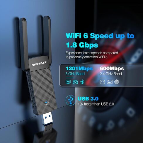 NEWFAST USB WiFi 6 Adapter U352, AX1800 Wireless Network Adapter for Desktop PC Laptop, USB 3.0 WiFi with Dual Band High Gain Antennas, MU-MIMO, WPA3, WiFi Dongle for Windows 11/10 in Saudi Arabia