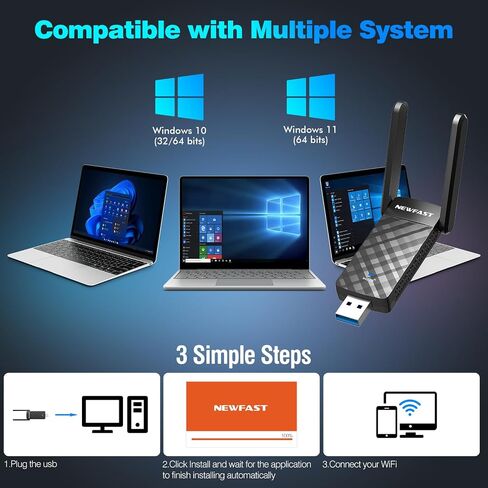 NEWFAST USB WiFi 6 Adapter U352, AX1800 Wireless Network Adapter for Desktop PC Laptop, USB 3.0 WiFi with Dual Band High Gain Antennas, MU-MIMO, WPA3, WiFi Dongle for Windows 11/10 in Saudi Arabia