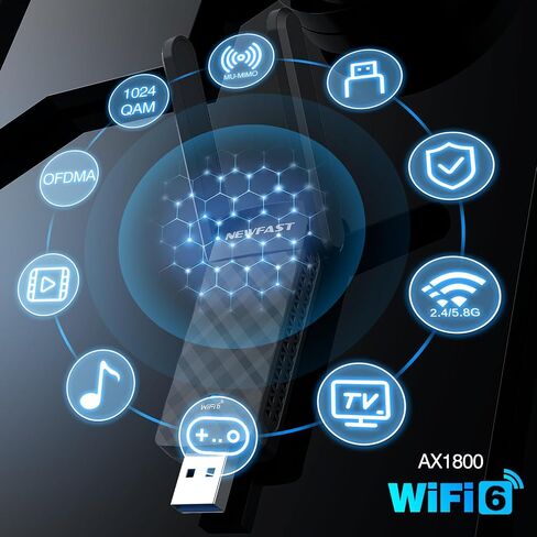 NEWFAST USB WiFi 6 Adapter U352, AX1800 Wireless Network Adapter for Desktop PC Laptop, USB 3.0 WiFi with Dual Band High Gain Antennas, MU-MIMO, WPA3, WiFi Dongle for Windows 11/10 in Saudi Arabia