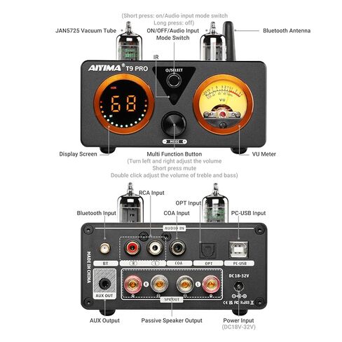 AIYIMA T9PRO 200W 2.1 Channel TPA3250 Tube Bluetooth DAC Stereo Amplifier | HiFi Class D Amp with ES9018K2M,QCC3040 aptX,VU Meter&Digital Display,Remote Control,Treble/Bass,AUX Output,for Home Speakers in Saudi Arabia