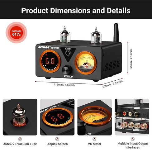 AIYIMA T9PRO 200W 2.1 Channel TPA3250 Tube Bluetooth DAC Stereo Amplifier | HiFi Class D Amp with ES9018K2M,QCC3040 aptX,VU Meter&Digital Display,Remote Control,Treble/Bass,AUX Output,for Home Speakers in Saudi Arabia
