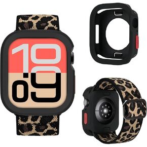 2-in-1 Stretchy Leopard Band Bumper Case for Apple Watch Series 9 SE Ultra | Elastic Cheetah Print Nylon Watch Strap Soft Protective Cover for Women Compatible with iWatch 40/41/44/45/49mm Sport in Saudi Arabia