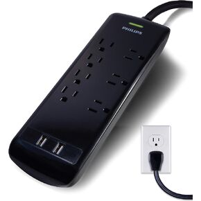 Philips Surge Protector Power Strip, 4 Ft Braided Extension Cord | 4 Outlet Extender (Wide Spaced), 450 Joules, Flat Plug, Wall Mount, Home Office Dorm Essentials, Black, SPP3503B/37 in Kuwait