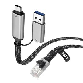 Molltto USB 3.0 إلى كابل محول إيثرنت 10FT، USB C وUSB A 2 في 1 | سلك شبكة جيجابت RJ45 مسطح مضفر لأجهزة الكمبيوتر المحمول والكمبيوتر الشخصي والكمبيوتر اللوحي والهواتف الذكية وThunderbolt 4/3، وليس للشحن in Kuwait