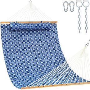 Lazy Daze 12FT Double Quilted Hammock for Outside with Pillow, Blue Floral | 2 Person Hammock with Hardwood Spreader Bar and Carabiners, Hammock without stand for Outdoor, 450lbs Weight Capacity in Kuwait