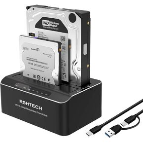 RSHTECH USB-C/USB 3.0 to SATA Dual Bay Hard Drive Docking Station Aluminum | External Hard Drive Dock Reader for 2.5/3.5 inch HDD SSD, with USB-C/A Cable, Support Offline Clone, UASP, 2x22TB, RSH-DS01C in Saudi Arabia