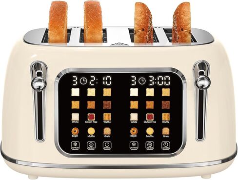 Mecity 4 Slice Toaster, Wide Slot Retro Design, 120V 1650W, Cream | Two 4.4-inch touchscreens; 6 browning levels; independent settings for each side; bagels, muffins, waffles & more in Saudi Arabia