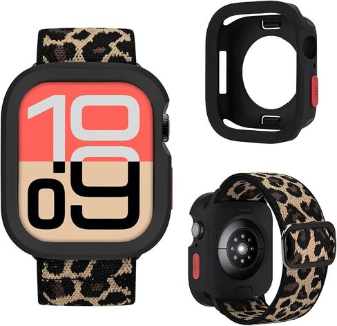 2-in-1 Stretchy Leopard Band Bumper Case for Apple Watch Series 9 SE Ultra | Elastic Cheetah Print Nylon Watch Strap Soft Protective Cover for Women Compatible with iWatch 40/41/44/45/49mm Sport in Saudi Arabia