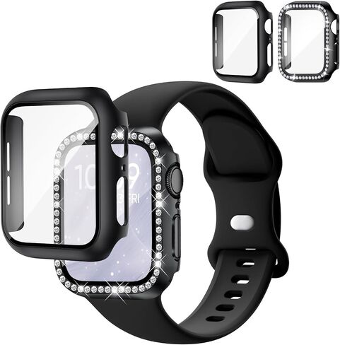 Compatible for Apple Watch Bands 40mm 41mm 44mm 45mm 42mm 46mm with Screen Protector Case Women, Silicone Strap Bling Diamond Protective Cover Tempered Glass for iWatch Series 10 9 8 7 6 5 4 3 11 SE in Kuwait