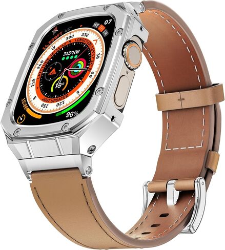 Stainless Steel Case and Leather Band Compatible with Apple Watch 46mm | Genuine Leather Apple Watch Strap and Metal Cover for iWatch Series 11 10 46mm for Men, Black in Saudi Arabia