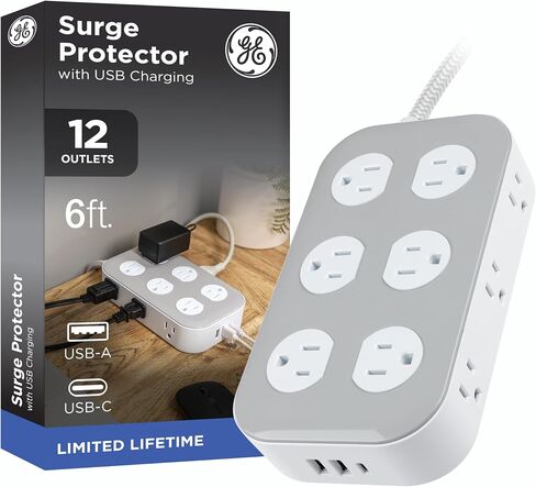 GE Surge Protector Power Strip with USB Ports, 6 Ft Braided Extension Cord | 2100 Joules, 12 Outlet Extender, 2 USB-A, 1 USB-C, Flat Plug, Charging Station, ETL Safety Certified, White, 84214 in Kuwait