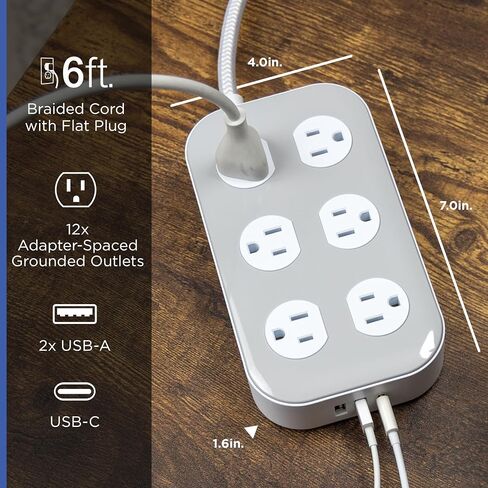 GE Surge Protector Power Strip with USB Ports, 6 Ft Braided Extension Cord | 2100 Joules, 12 Outlet Extender, 2 USB-A, 1 USB-C, Flat Plug, Charging Station, ETL Safety Certified, White, 84214 in Kuwait