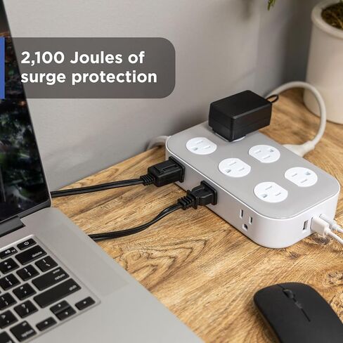 GE Surge Protector Power Strip with USB Ports, 6 Ft Braided Extension Cord | 2100 Joules, 12 Outlet Extender, 2 USB-A, 1 USB-C, Flat Plug, Charging Station, ETL Safety Certified, White, 84214 in Kuwait