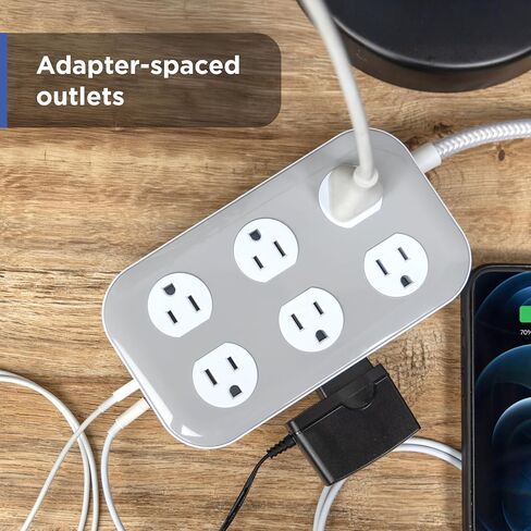 GE Surge Protector Power Strip with USB Ports, 6 Ft Braided Extension Cord | 2100 Joules, 12 Outlet Extender, 2 USB-A, 1 USB-C, Flat Plug, Charging Station, ETL Safety Certified, White, 84214 in Kuwait