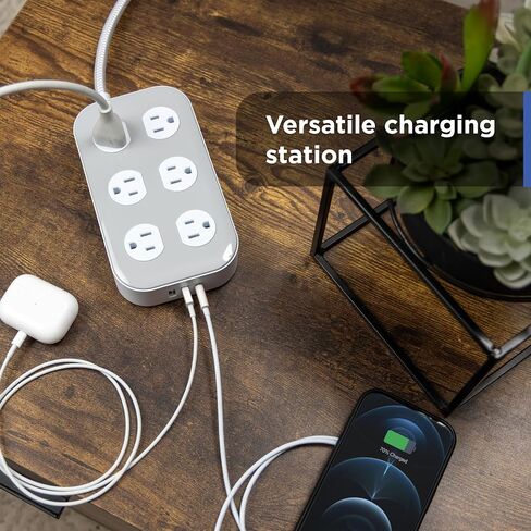 GE Surge Protector Power Strip with USB Ports, 6 Ft Braided Extension Cord | 2100 Joules, 12 Outlet Extender, 2 USB-A, 1 USB-C, Flat Plug, Charging Station, ETL Safety Certified, White, 84214 in Kuwait