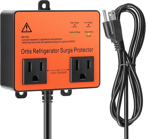 Refrigerator Surge Protector, Ortis Double Outlet Voltage Protector for Home Appliances with Time Delay, 5ft Power Cord, Protects Against Brownout, Spike, Instant Surge All Voltage Abnormalities in Kuwait