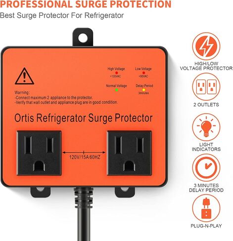 Refrigerator Surge Protector, Ortis Double Outlet Voltage Protector for Home Appliances with Time Delay, 5ft Power Cord, Protects Against Brownout, Spike, Instant Surge All Voltage Abnormalities in Kuwait