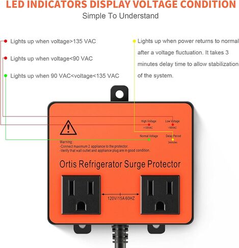 Refrigerator Surge Protector, Ortis Double Outlet Voltage Protector for Home Appliances with Time Delay, 5ft Power Cord, Protects Against Brownout, Spike, Instant Surge All Voltage Abnormalities in Kuwait