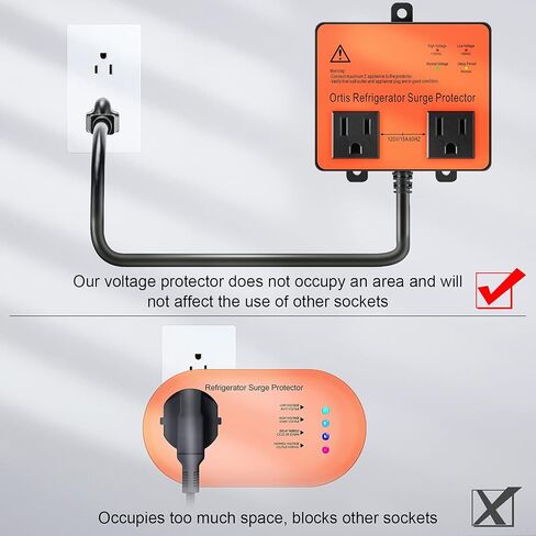 Refrigerator Surge Protector, Ortis Double Outlet Voltage Protector for Home Appliances with Time Delay, 5ft Power Cord, Protects Against Brownout, Spike, Instant Surge All Voltage Abnormalities in Kuwait