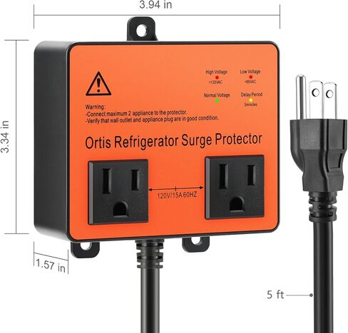 Refrigerator Surge Protector, Ortis Double Outlet Voltage Protector for Home Appliances with Time Delay, 5ft Power Cord, Protects Against Brownout, Spike, Instant Surge All Voltage Abnormalities in Kuwait