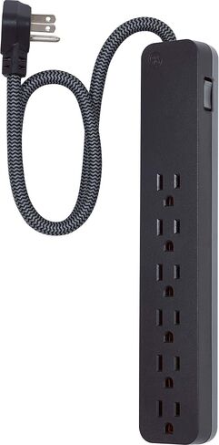 GE Surge Protector Power Strip, 2 Ft Braided Extension Cord | 6 Outlet Extender, 620 Joules, Flat Plug, Wall Mount, ETL Safety Listed, Black, 44070 in Kuwait