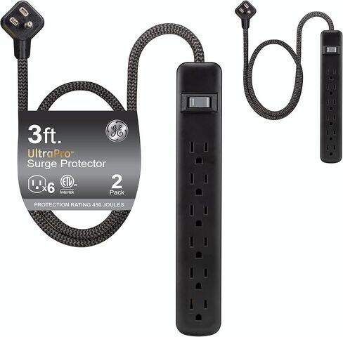 GE Surge Protector Power Strip with 2 USB Ports, 4 Ft Extension Cord | 7 Outlet Extender, 1500 Joules, Flat Plug, Wall Mount, Circuit Breaker, UL Safety Listed, Black, 40482 in Kuwait