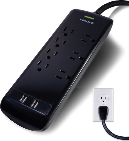 Philips Surge Protector Power Strip, 4 Ft Braided Extension Cord | 4 Outlet Extender (Wide Spaced), 450 Joules, Flat Plug, Wall Mount, Home Office Dorm Essentials, Black, SPP3503B/37 in Kuwait