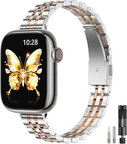 STIROLL Slim Metal Band Compatible with Apple Watch Bands for Women, Thin | Stainless Steel, Silver Gold Chain Straps for Daily, for iWatch 9 8 7 6 5 4 3 2 1 SE, 41mm 40mm 38mm 42mm(Series 11 10) in Saudi Arabia