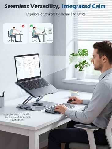 360° Rotating Laptop Cooling Pad with Detachable Magnetic Fan & 4 USB 3.0 Hub, Foldable Ergonomic Computer Riser, Compatible with MacBook Pro, Compatible with Dell, Fits 10-17" Laptops in Saudi Arabia