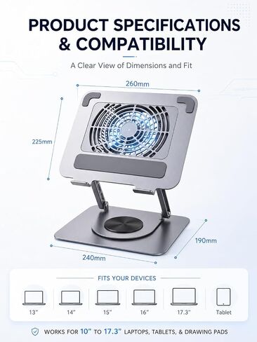 360° Rotating Laptop Cooling Pad with Detachable Magnetic Fan & 4 USB 3.0 Hub, Foldable Ergonomic Computer Riser, Compatible with MacBook Pro, Compatible with Dell, Fits 10-17" Laptops in Saudi Arabia