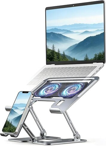 Laptop & Phone 2-in-1 Cooling Stand with Silent Fan, Adjustable Height & Angle, Carbon Steel Foldable Laptop Riser, Gaming Laptop Cooler Pad for Laptops Up to 18 Inch (Silver) in Saudi Arabia