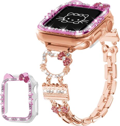 Bling Bracelet Band with Protector Case Compatible with Apple Watch Women | Cute Cartoon Cat Jewelry Metal Strap for iWatch Series 11 10 46mm 42mm,Series 9 8 7 41mm 45mm,Series 6 5 4 SE 40mm 44mm in Kuwait