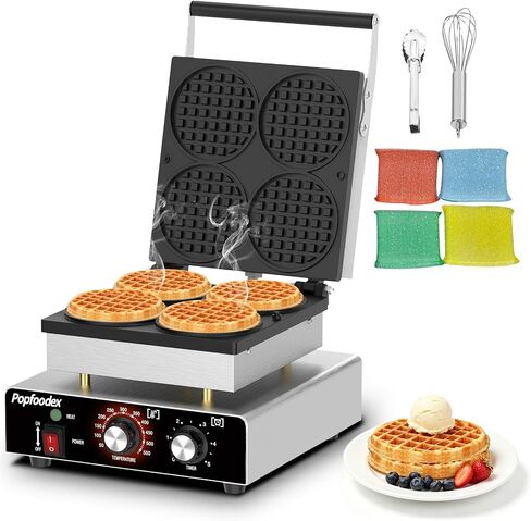 Commercial Waffle Maker -Stainless Steel Waffle Maker w/ 0-550°F Temp Control and Timer, Commercial Waffle Iron w/ 4 Slice Square Waffle Plate and Non-stick Coating, for Restaurant & Hotel in Saudi Arabia