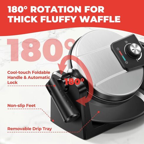 Waffle Maker, Rotating Belgian Waffle Maker, 180° Flip Waffle Iron, Non-Stick Plate, Adjustable Browning Control, Foldable Cool Touch Handle, Removable Drip Tray, Space Saving Storage, Stainless Steel in Saudi Arabia