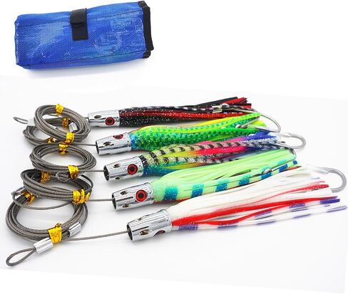 Trolling Tuna Lures,Feather Offshore Saltwater Lures for Dolphin Wahoo | 6.5 inch with Fully Rigged Teasers Squid,Bullet Head Offshore Jet Head Metal Fishing Tuan Lures Set of 5 Colors in Saudi Arabia