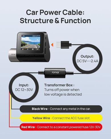 70mai Type-C Hardwire Kit UP03 for Dash Cams, 10ft, 12V-30V to 5V/2.4A, Low Voltage Protection 11.8V, 24 Hour Parking Surveillance Power Supply for M310/M500/A510/A500S/A810/X800/A810 Lite Car Cameras in Saudi Arabia
