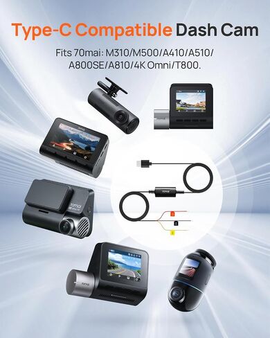 70mai Type-C Hardwire Kit UP03 for Dash Cams, 10ft, 12V-30V to 5V/2.4A, Low Voltage Protection 11.8V, 24 Hour Parking Surveillance Power Supply for M310/M500/A510/A500S/A810/X800/A810 Lite Car Cameras in Saudi Arabia