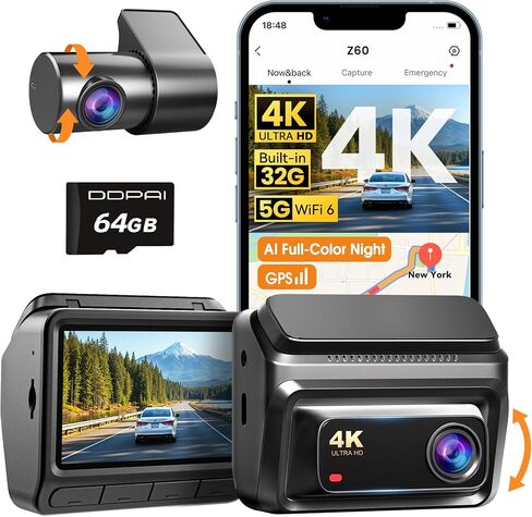 DDPAI Z60 4K+1080P Dual Dash Cam, G-Sensor, 32GB eMMC+64GB Card | 512G Max, AI ISP Night Vision 2.0, 5GHz WiFi, GPS, 7-Day AOV Parking, 3" IPS, ADAS in Saudi Arabia