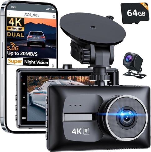X18 4K Dash Cam أمامية وخلفية، بطاقة مجانية سعة 64 جيجابايت (256 جيجابايت كحد أقصى)، 4K+1080P Dual STARVIS 2 Dash Camera للسيارات، 5.8 جيجا هرتز WiFi حتى 20 ميجابايت / ثانية، رؤية ليلية WDR، 3 بوصات IPS، مستشعر G، وضع انتظار 24 ساعة in Kuwait
