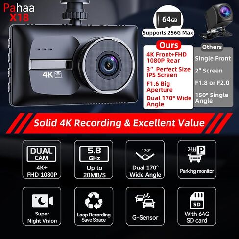 X18 4K Dash Cam أمامية وخلفية، بطاقة مجانية سعة 64 جيجابايت (256 جيجابايت كحد أقصى)، 4K+1080P Dual STARVIS 2 Dash Camera للسيارات، 5.8 جيجا هرتز WiFi حتى 20 ميجابايت / ثانية، رؤية ليلية WDR، 3 بوصات IPS، مستشعر G، وضع انتظار 24 ساعة in Kuwait