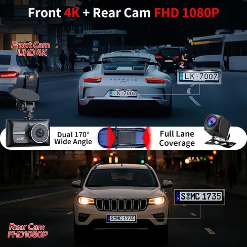 X18 4K Dash Cam أمامية وخلفية، بطاقة مجانية سعة 64 جيجابايت (256 جيجابايت كحد أقصى)، 4K+1080P Dual STARVIS 2 Dash Camera للسيارات، 5.8 جيجا هرتز WiFi حتى 20 ميجابايت / ثانية، رؤية ليلية WDR، 3 بوصات IPS، مستشعر G، وضع انتظار 24 ساعة in Kuwait